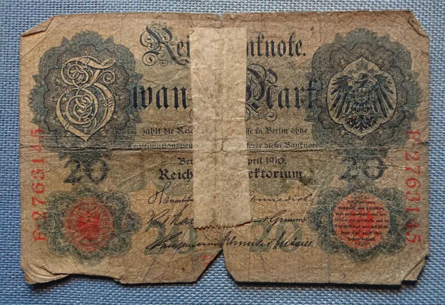 Old German Banknote Twenty Mark Berlin April 1910 Reichsbankdirektorium