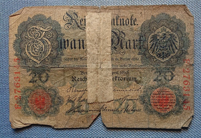 Old German Banknote Twenty Mark Berlin April 1910 Reichsbankdirektorium