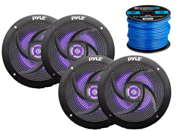 4x Pyle Marine 5.25" 2-Way Waterproof Black LED Speakers, 16-G 50 Ft Tinned Wire