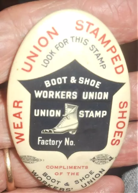 Antique Orig. Celluloid Boot & Shoe Workers Union Stamp Advt Pocket Mirror Nr