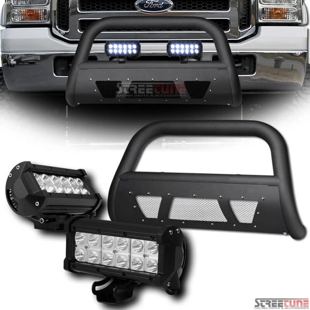 Matte Blk Studded Mesh Bull Bar+36W CREE LED Light For 05-07 F250/F350 Superduty