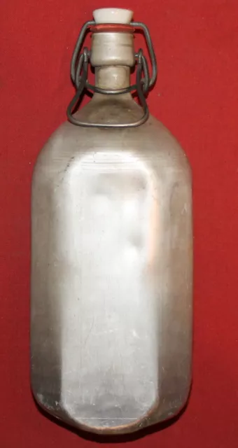 Antique aluminum bottle flask canteen with porcelain stopper