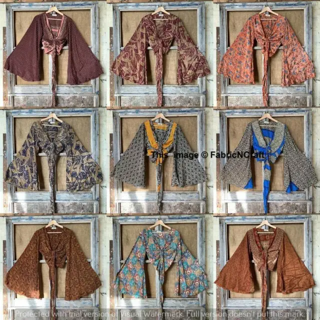 10 Piezas Lote De Indio Vintage Seda Sari Campana Blusa Corta Manga Retro 60s