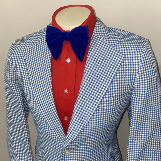 Vtg 60s 70s Seersucker Blazer Suit Jacket Polyester Coat Plaid Gingham Mens 40