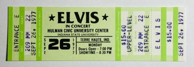 Elvis Presley Concert Ticket 1977 Orig Mint Unused Terre Haute IN Sept 26 G RARE