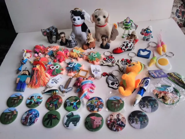 Job Lot 50 Novelty Items Key Rings Badges Figures Soft Toys Collectables