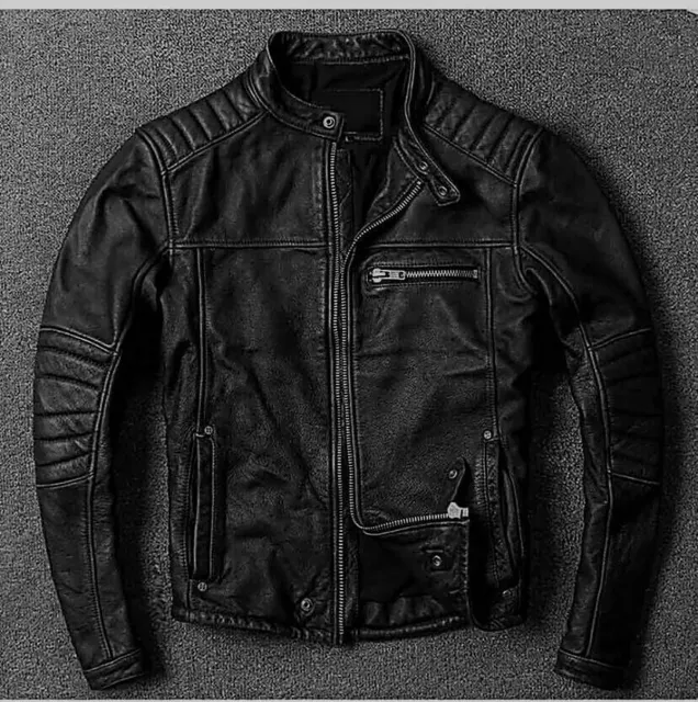 Men’s Motorcycle Biker Vintage Cafe Racer Distressed Black Real Leather Jacket