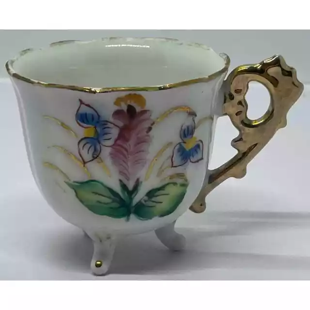 Vintage Occupied Japan Demitasse Miniature Gold Leaf Floral Three Legged Floral