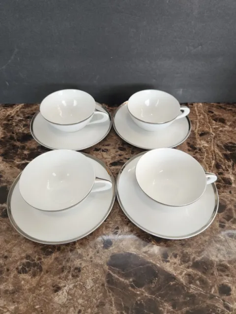 Set Of 4 Sango Pallas Tea Cup And Saucers White With Platinum Silver Trim