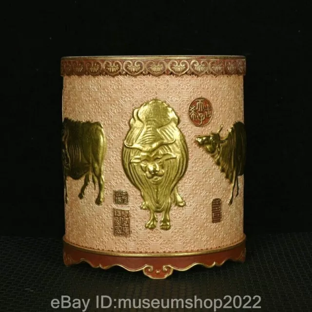 5.4" Old China Qianlong Marked Famile Rose Porcelain Gilt 5 Bull Oxen Brush Pot