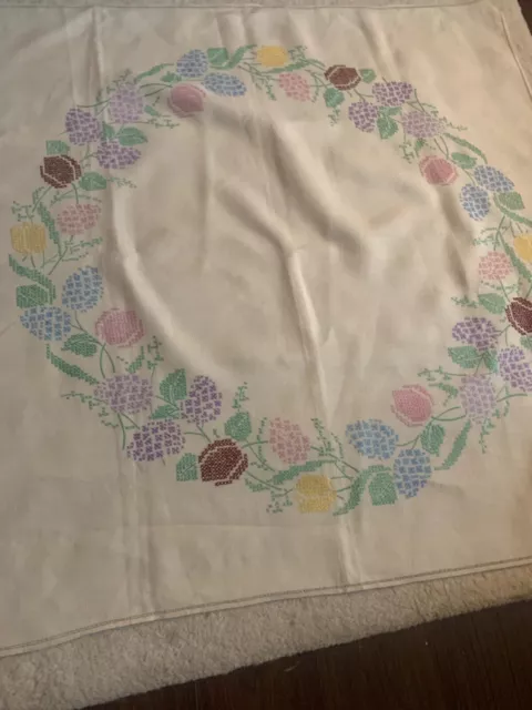 Vintage hand embroidered  linen tablecloth ~ Cross stitch florals central patter