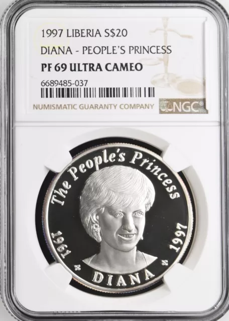 1997 Liberia Silver 20 Dollars Diana - People's Princess - NGC PF 69 ULTRA CAMEO