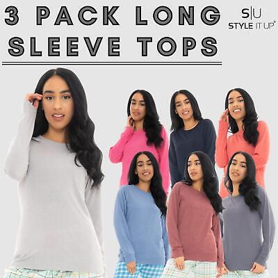 Womens Ladies 3 Pack Plain Long Sleeve T-Shirt Top Fitted Stretch Basic Casual