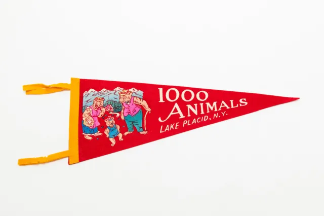 Vintage 1000 Animals Lake Placid New York Souvenir Felt Pennant 17"