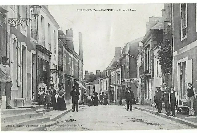 CPA antique postcard La Sarthe beautiful animation Beaumont rue d'Orme 1907