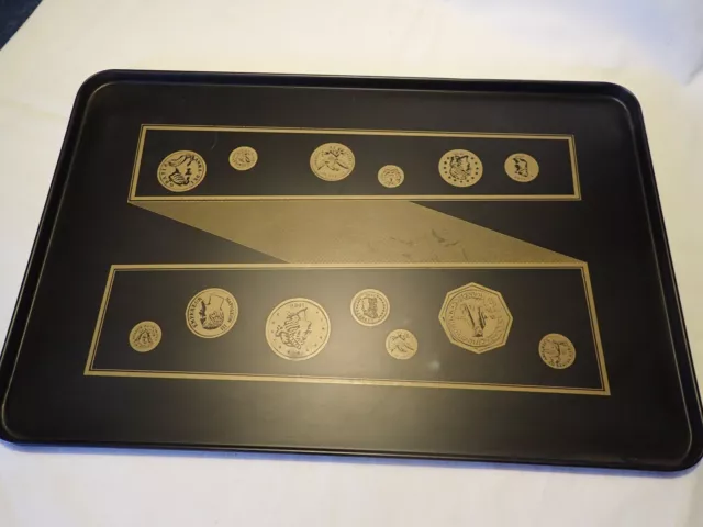 Vintage Metal black serving tray with gold coin design - 20" x 13.5"