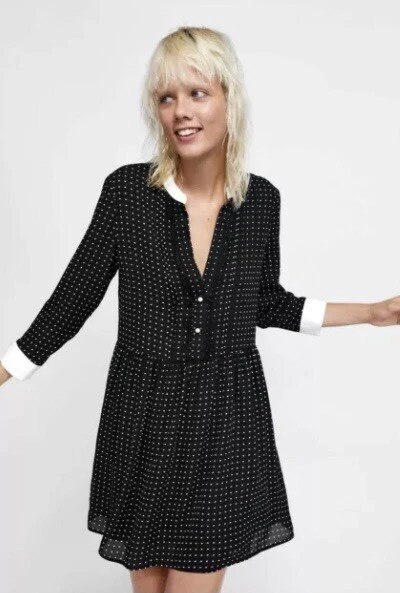 ZARA BLACK WITH White Polka Dot Mini Dress with Pearl Button size M 3.15 -  PicClick UK