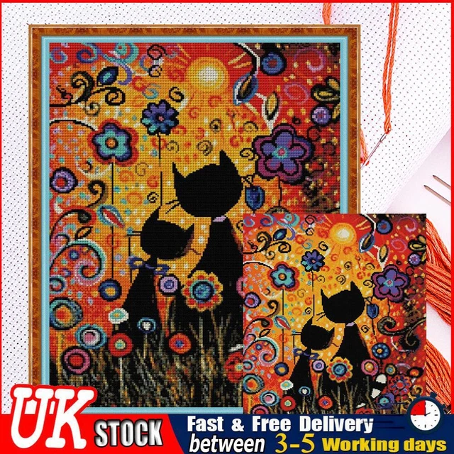 UK Full Cross Stitch Handcraft 14CT Counted Cat Flower Needlework DIY Home Ornam