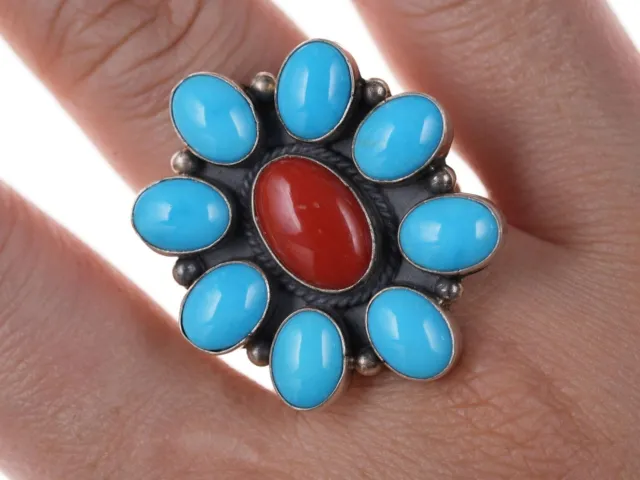 Eula Wylie Navajo Turquoise/coral cluster ring