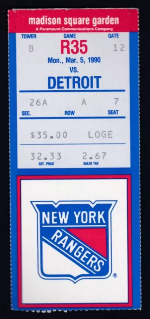 Mar. 5, 1990 New York Rangers vs. Detroit Red Wings Ticket Stub