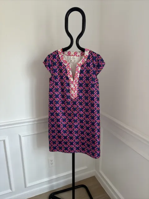 Julie Brown NYC Short Sleeve Pink  Orange & Navy V Neck 100% Silk Dress Sz 2 B7