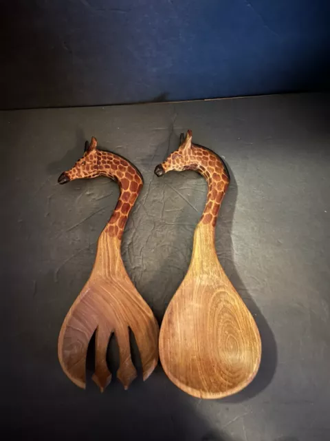 Vintage Wooden Giraffee Salad Serving Set Fork and Spoon