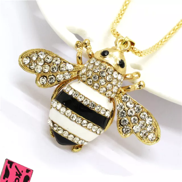 Betsey Johnson Cute Black Enamel Bee Honey Crystal Pendant Chain Necklace