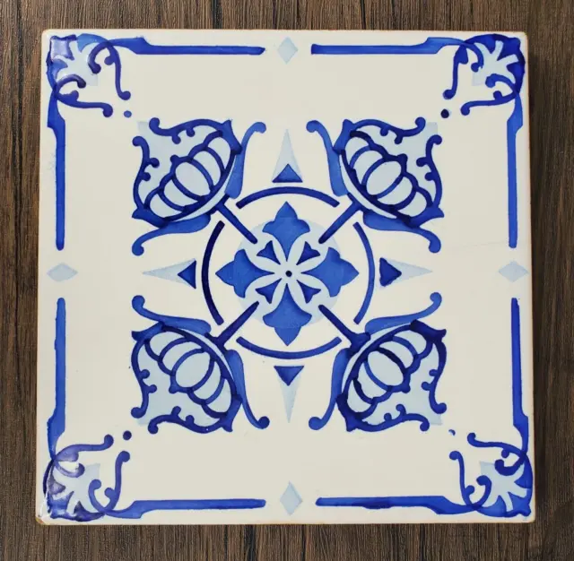 Onda Spain Ceramic 8" Decorative Tile Trivet Blue Floral Geometric Design