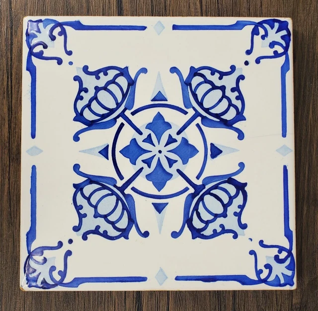 Onda Spain Ceramic 8" Decorative Tile Trivet Blue Floral Geometric Design