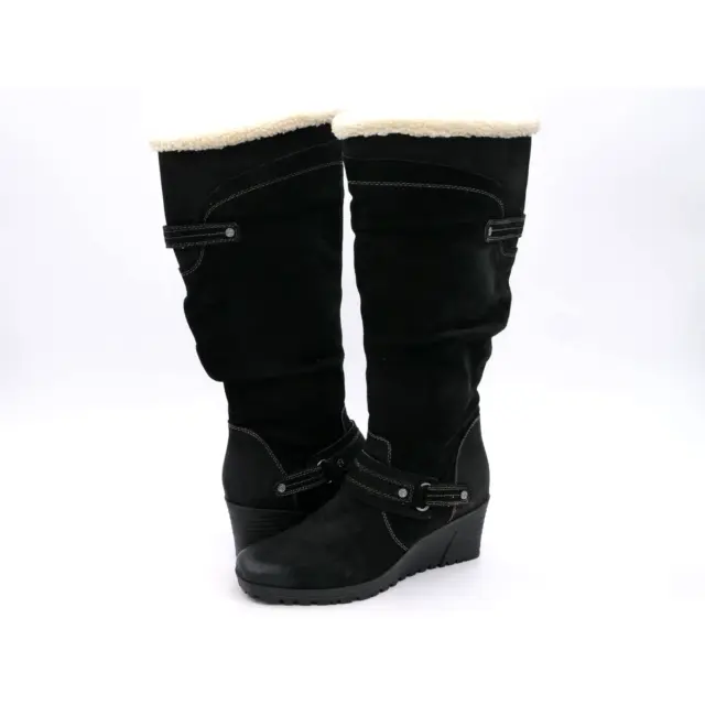 Earth Boots Womens 8 Black Suede Ridge Wedge Heel Faux Fur Full Zip Knee High