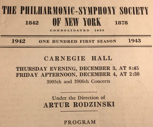 Philharmonic Symphony Orch NY 1942-43 Carnegie program pamphlet Arthur Rodzinski