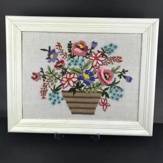 Vintage MCM Framed Finished Crewel Embroidery Flower Pot Wall Hanging Grannycore