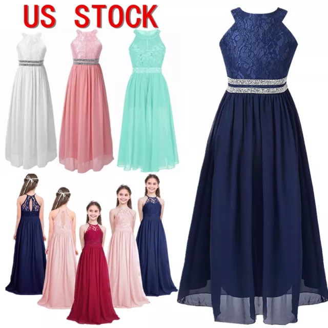 US Kids Flower Girl Dress Wedding Party Chiffon Dresses Floral Lace Maxi Gowns 2