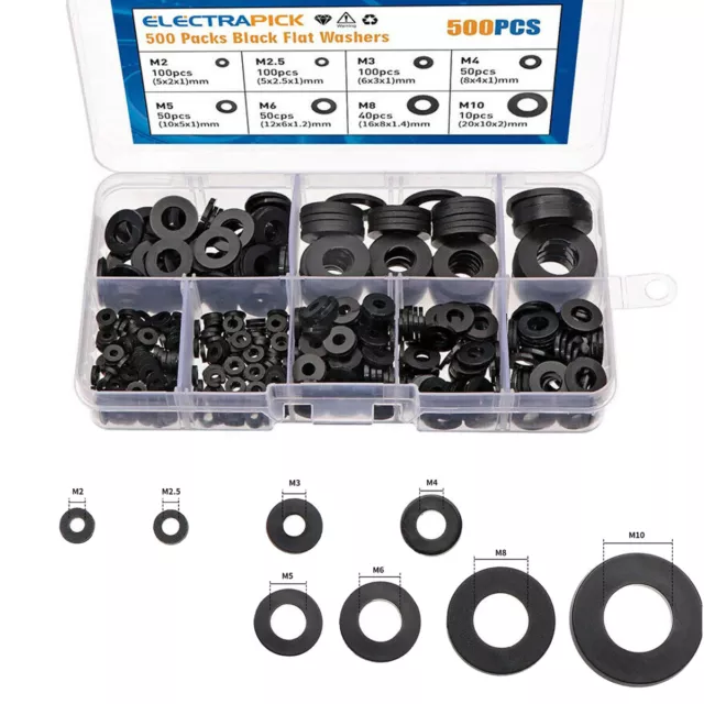 500pc Nylon Flat Washers Kit Thick Flat Sealing Black Plastic Washer M2 - M10 UK