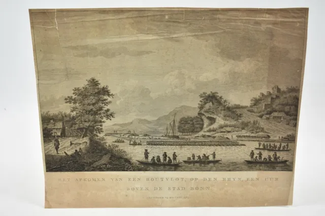 Gravure 1785 - Het afkomen van een Houtvlot, op den Rhyn, een uur boven de Bonn