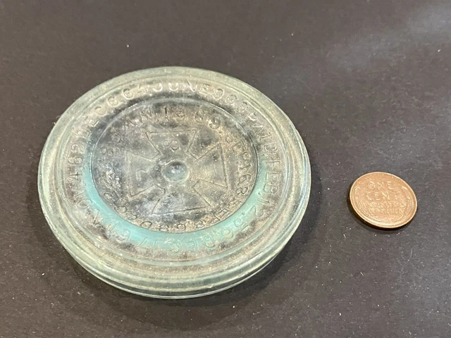 Antique Glass H F J Co Maltese Cross Canning Jar Lid Numerous Patents As Found
