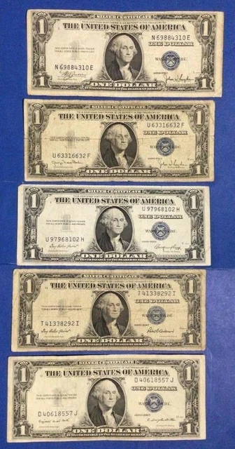 1935C-1935G $1 Blue SILVER Certificates Set of 5! Lower Grade! X4310 Currency!