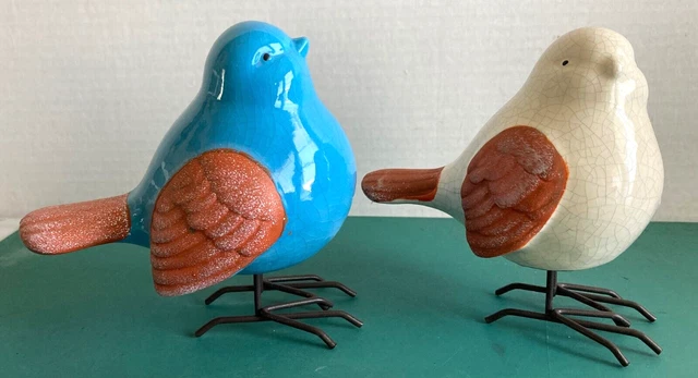Ceramic Bird Figurines Set Of 2 Metal Feet Crackle Glaze