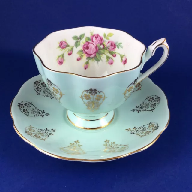 Queen Anne Pink Roses Aqua Blue Fine Bone China Tea Cup And Saucer