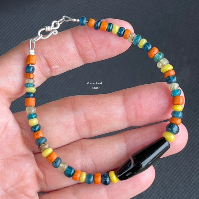 Rare Ancient FUNAN, CAMBODIA  Multi-Color Glass And Agate Beads  Bracelet #F3305