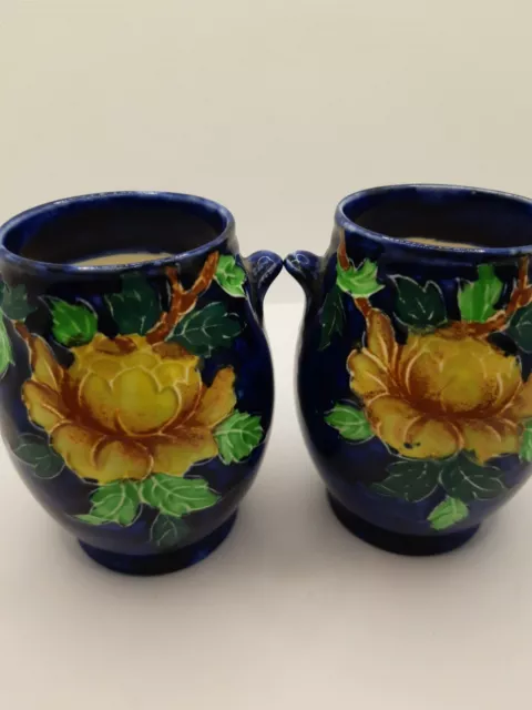 Pair Mini Maling Peony england Pottery urns 3.5"  vase cobalt c1929 3