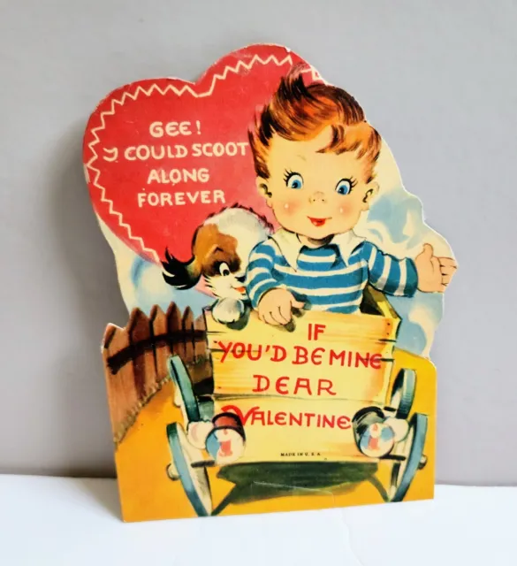 Vintage Die Cut Childs Valentines Day Card Boy With Dog USA Made