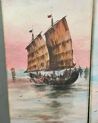 Early 20th Century Gouache Paintings Three Chinese Sailing Junks 3