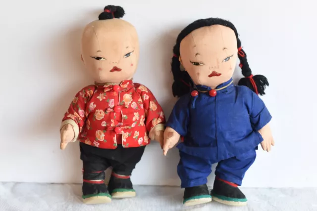 11" Pair Boy/Girl MICALE Michael LEE Asian Cloth Hong Kong Dolls Vtg 1950's (J)