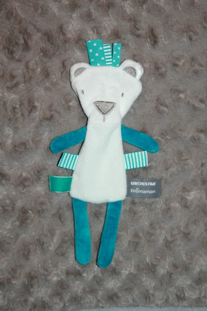 Doudou Orchestra Premaman Ours Plat Bleu Turquoise Blanc Gris Etat Neuf