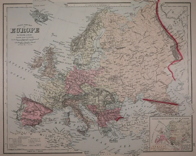 Authentic 1877 O.W. Gray Atlas Map ~ EUROPE ~ FreeS&H   Inv#176