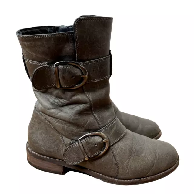 PAUL GREEN 6.5 Emerson Moto Boot Leather Gray Mid Calf Buckle Ankle ...