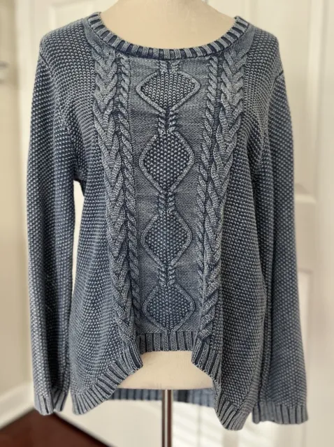 North Style Women's Blue Cotton Cable High Low Sweater Size Medium SPRING