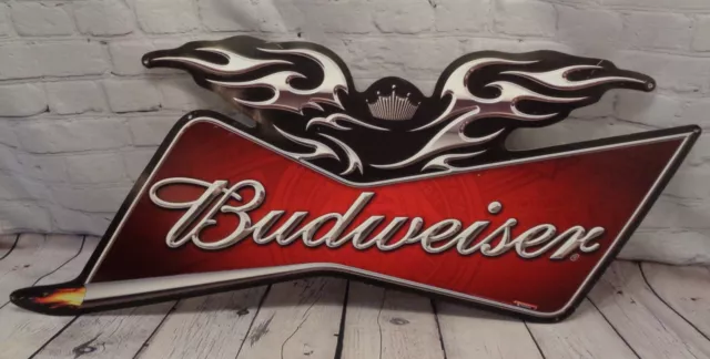 Budweiser Beer Sign Tin Metal Motorcycle Harley Davidson Flames Loud Pipes