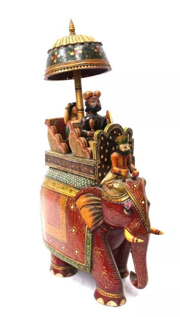 Elephant Statue Sculpture Rider Figurine Wood Carved King Queen Hand Painted Hom